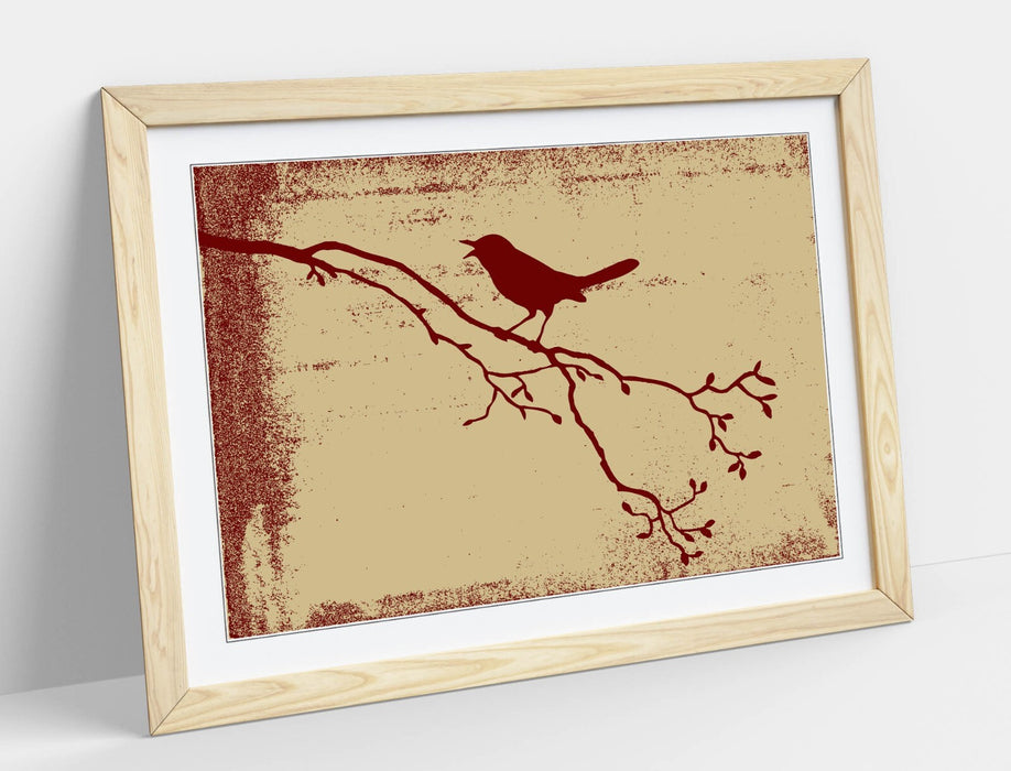Framed Bird Wall Art – Red Silhouette Tree Branch Print | Handmade Home Decor