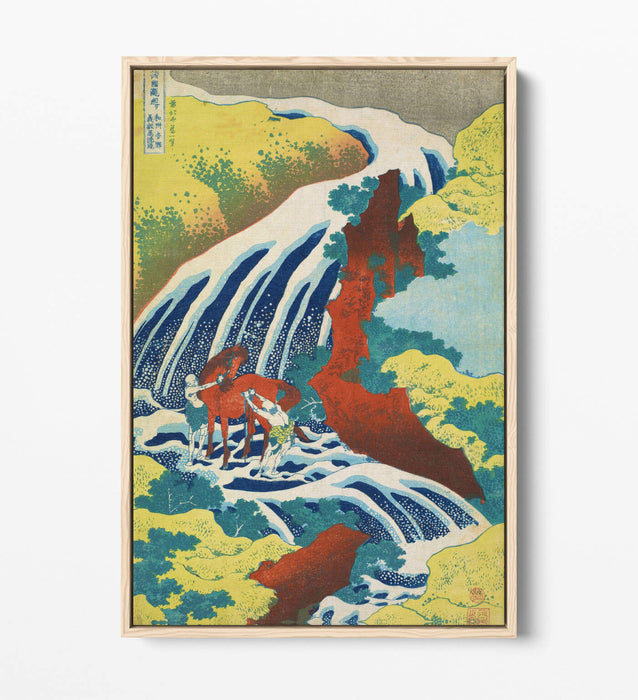 HOKUSAI YOSHITSUNE FALLS -FLOAT EFFECT CANVAS WALL ART PIC PRINT- GREEN RED