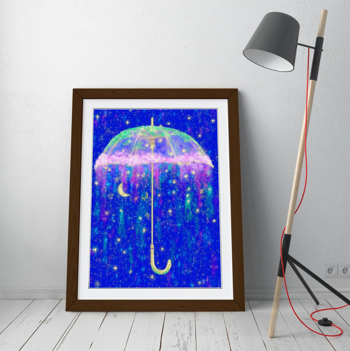 Framed Wall Art - Sparkly Umbrella Poster Print with Starry Sky in Natural Wood Frame