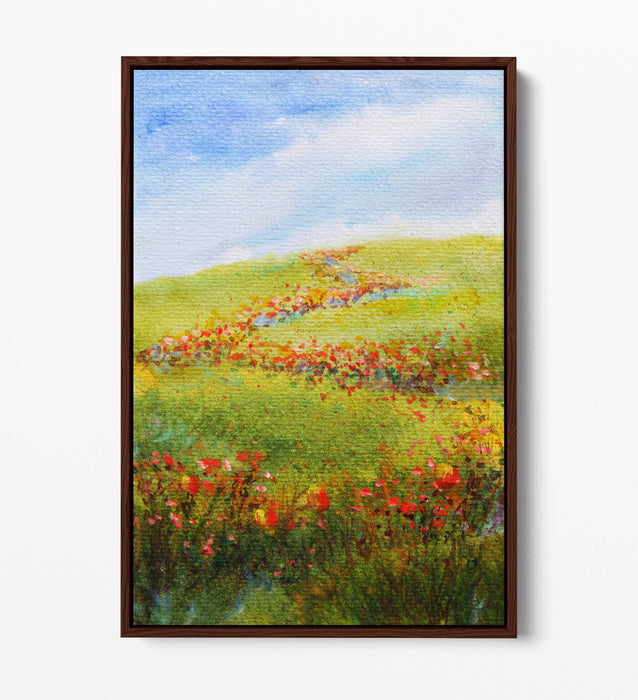 WATERCOLOUR RED FLOWERS IN FIELD HOME DECOR FLOAT EFFECT CANVAS WALL ART PRINT
