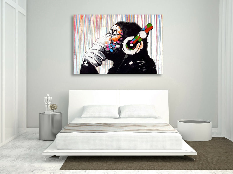 BANKSY  DJ MONKEY COLOURED RAIN CANVAS WALL ART PRINT PICTURE ARTWORK GORILLA