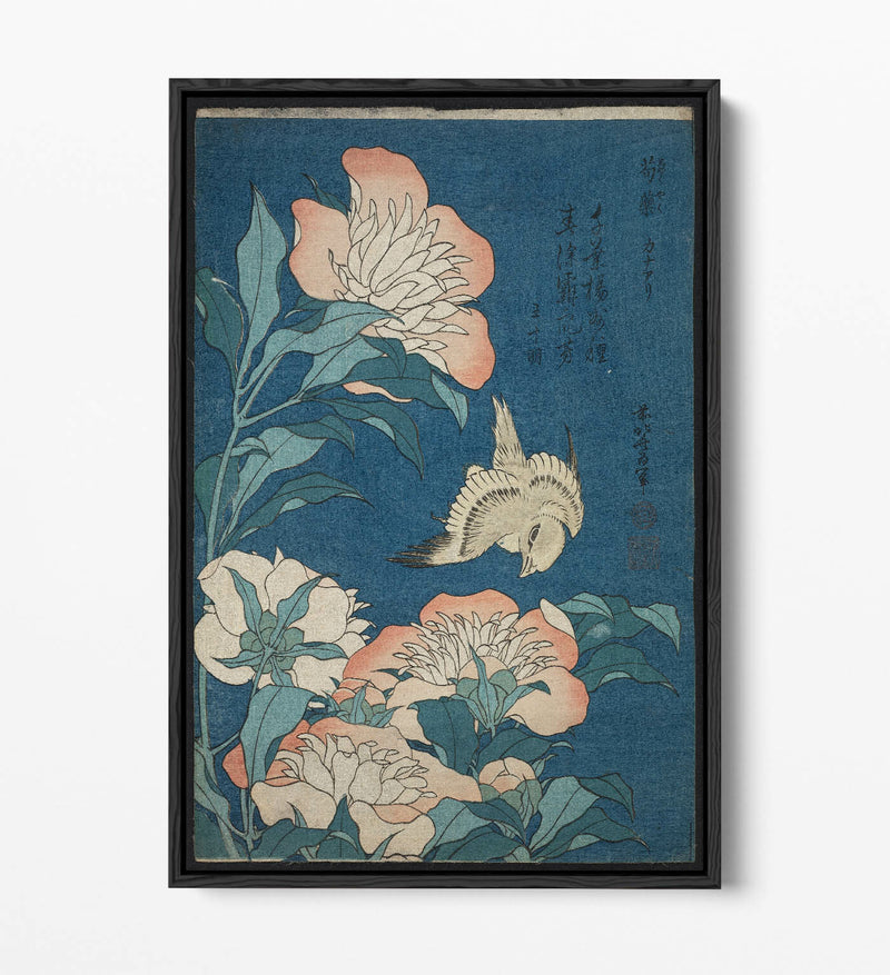 Canvas Wall Art - Hokusai Japanese Print With Peonies & Canary Float Frame