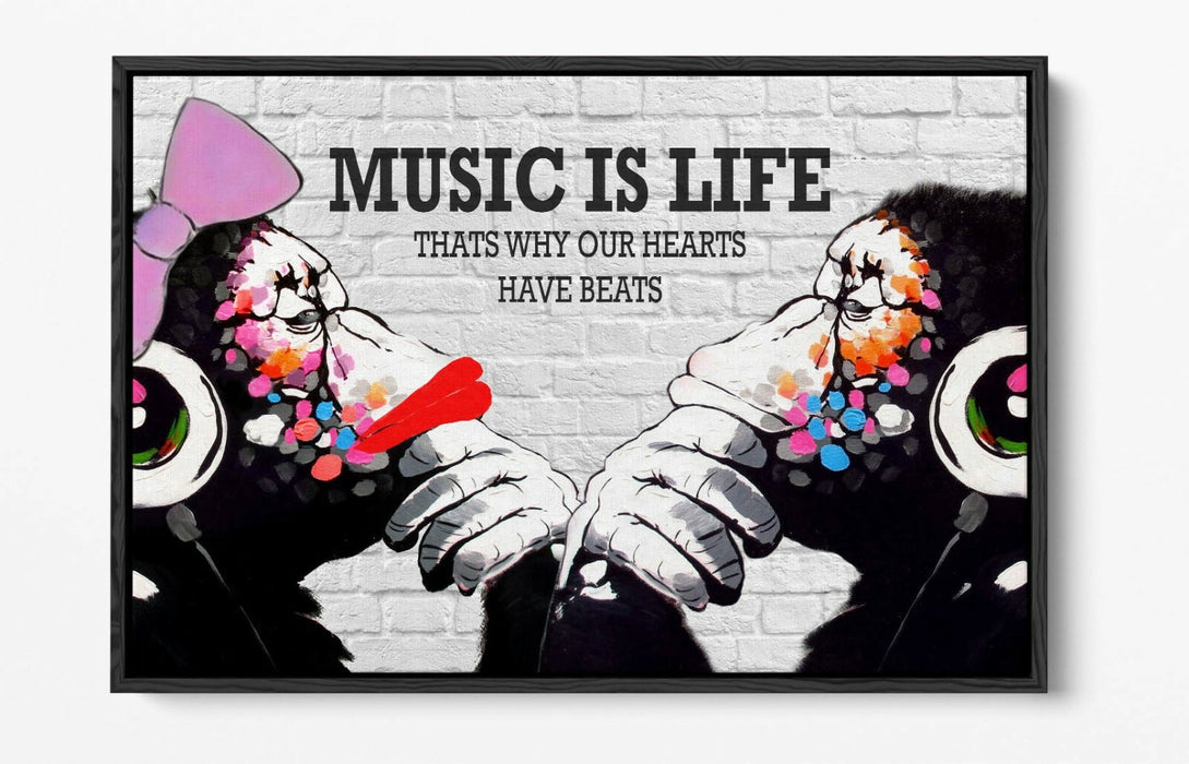 BANKSY DJ MONKEY MUSIC IS LIFE -FLOAT EFFECT CANVAS WALL ART PIC PRINT- PINK RED