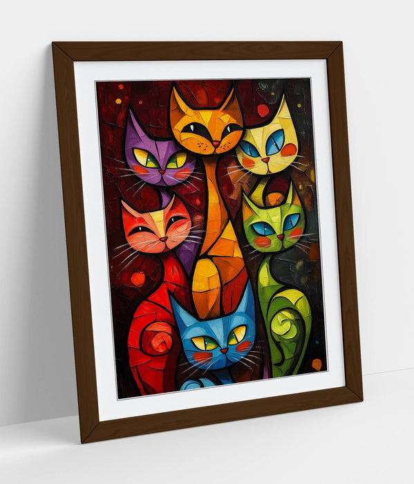 Framed Cat Wall Art - Colorful Abstract Cat Poster Print With Wood Grain Frame