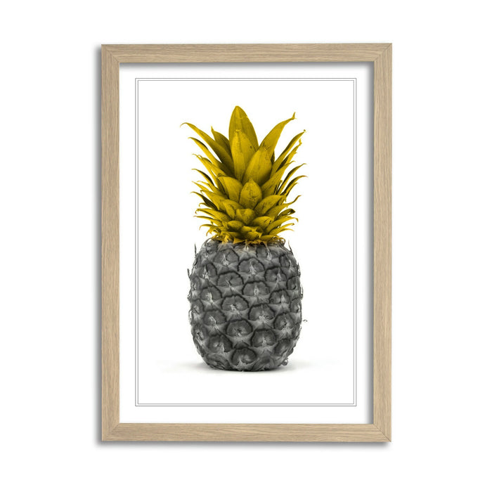 Framed Pineapple Poster – Mustard Yellow Art Print With Woodgrain Faux Frame