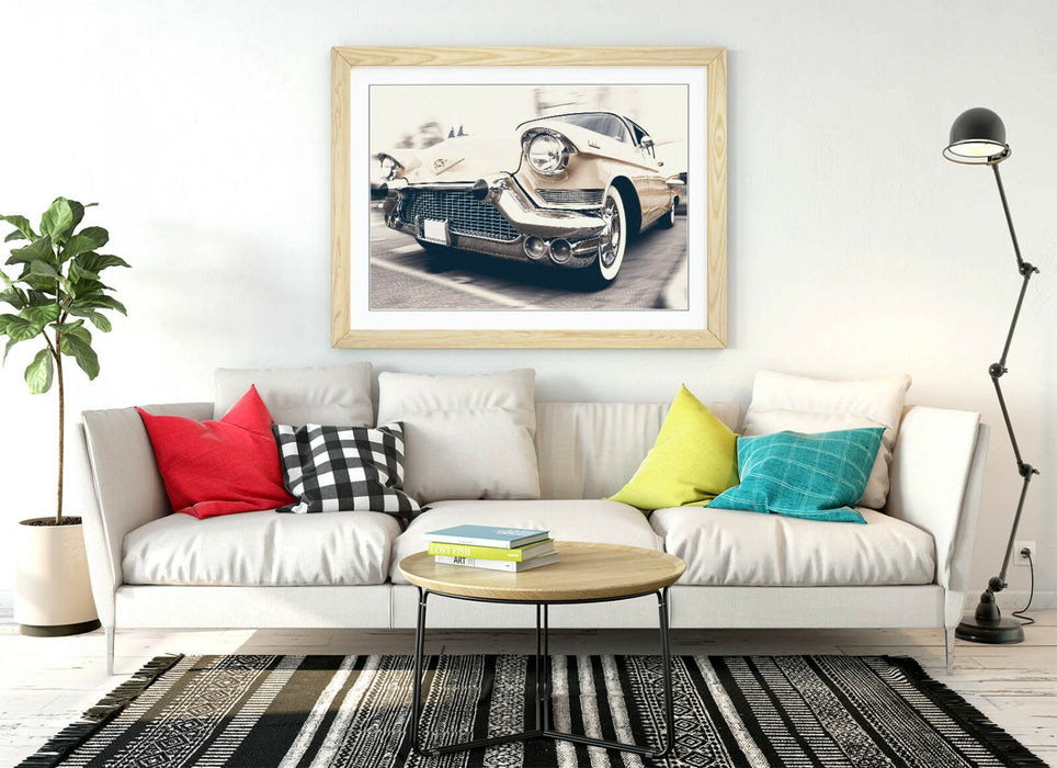 Framed Art Poster - Vintage car Wall Art Print with Woodgrain Frame Design