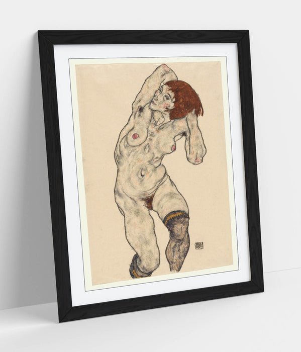 Framed Art Poster - Nude Art Print with Black Stockings | Matte Paper, Wood Grain Frame
