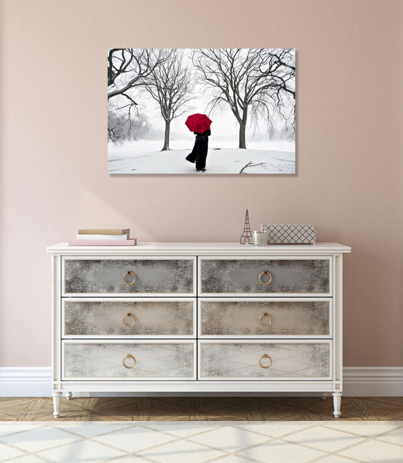Red Umbrella Canvas Art – Handmade Snow Artwork Canvas | Framed Wall Print