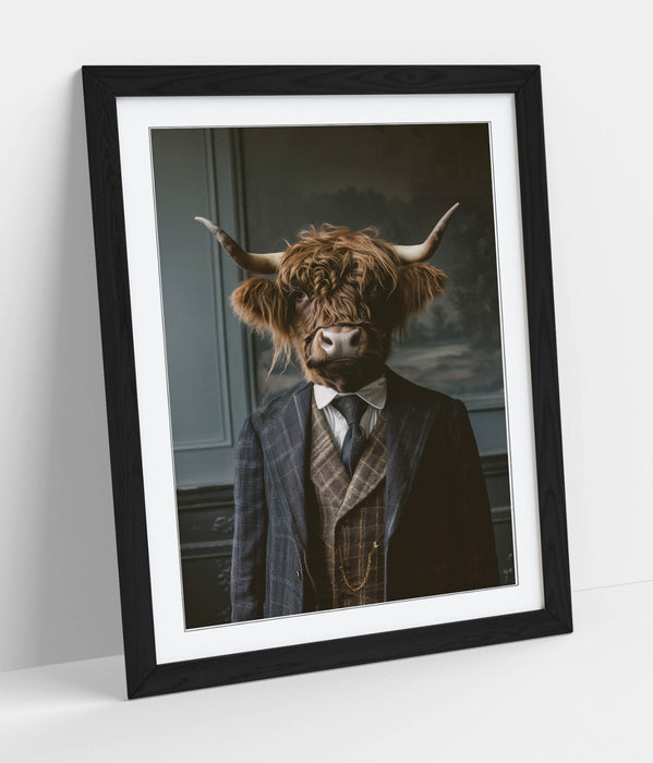 Highland Cow Wall Art - Framed Animal Poster with Woodgrain Frame, Handmade UK