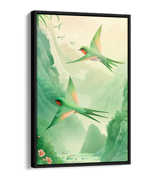 Canvas Art Print - Pink Green Swallows Flying | Handmade UK Vibrant Wall Art