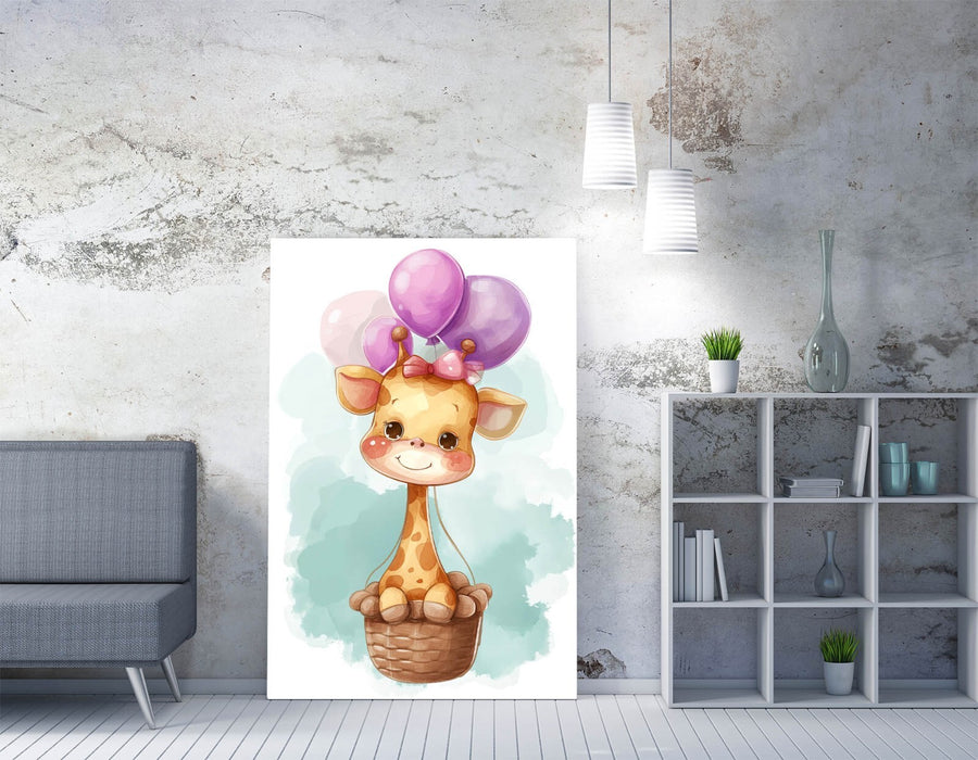 Giraffe Canvas Art - Cute Kids Wall Decor With Hot Air Balloon Print