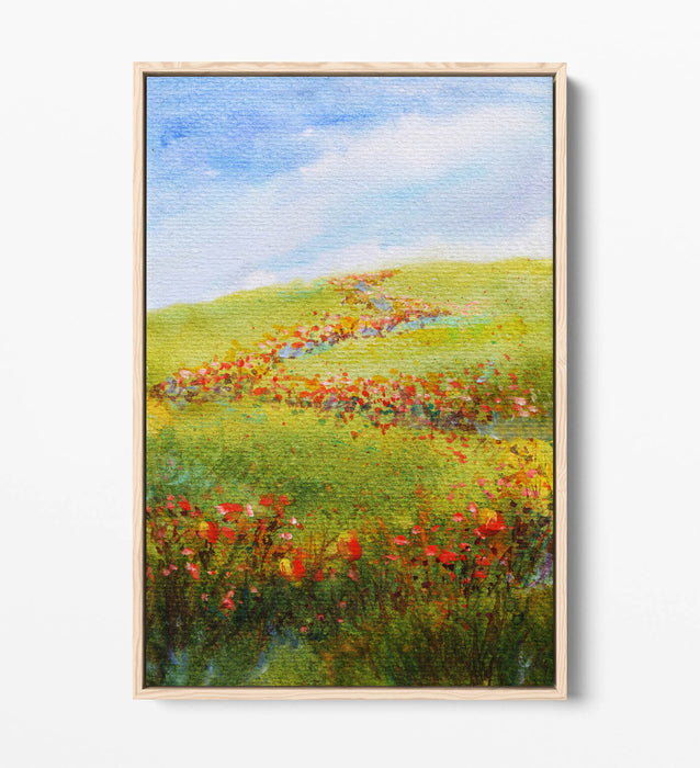 WATERCOLOUR RED FLOWERS IN FIELD HOME DECOR FLOAT EFFECT CANVAS WALL ART PRINT