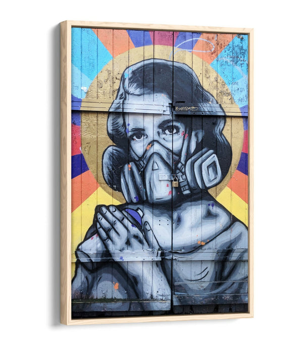WOMAN GAS MASK EAST LONDON GRAFFITI 1 -FLOAT EFFECT CANVAS WALL ART PIC PRINT