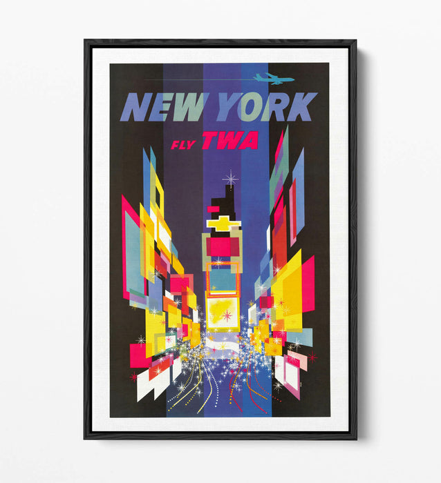 RETRO NEW YORK TRAVEL POSTER -FLOAT EFFECT CANVAS ART PRINT- YELLOW BLUE PINK