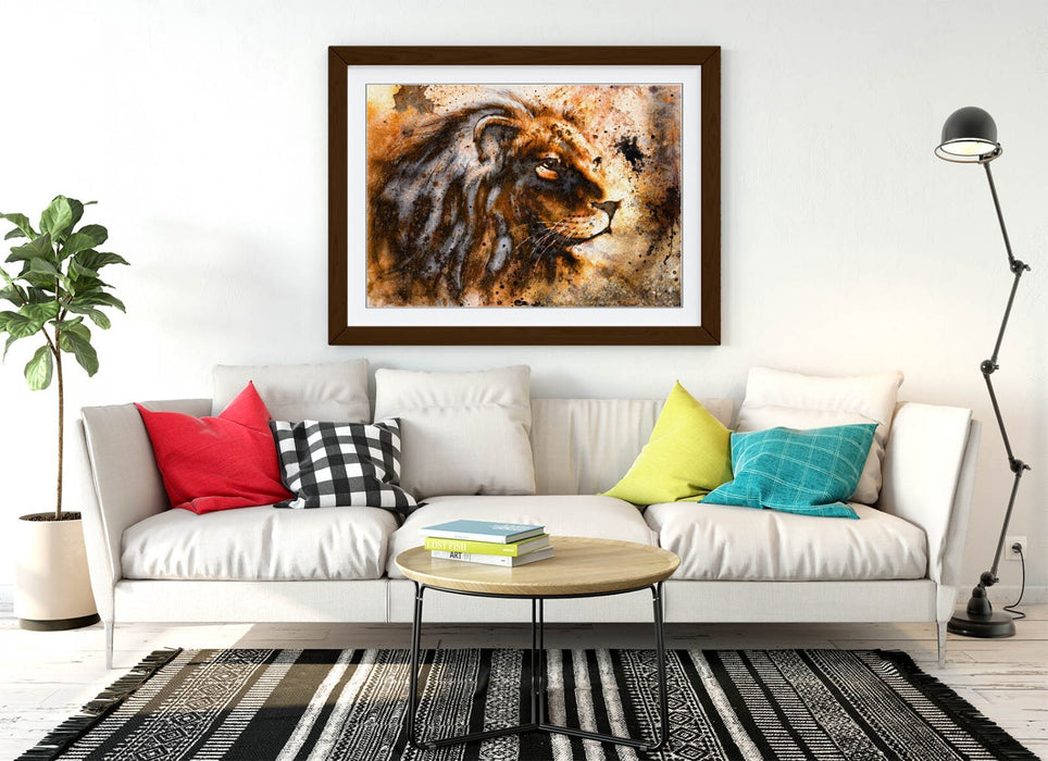 Rustic Lion Wall Art - Framed Animal Artwork With Wood Grain Frame, Ready To Hang