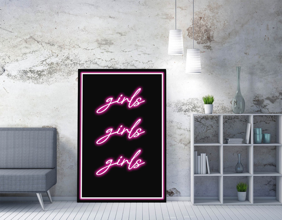 Pink Neon Wall Art - Framed Canvas Print for Girls Bedroom Decor, Ready to Hang