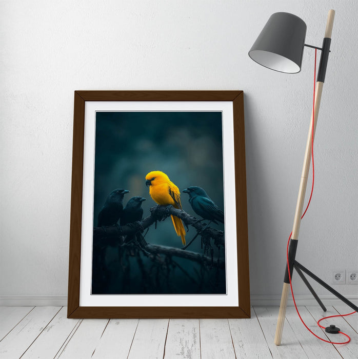 Framed Wall Art Poster - Yellow Bird & Black Crow Tree Print With Wood Grain Frame
