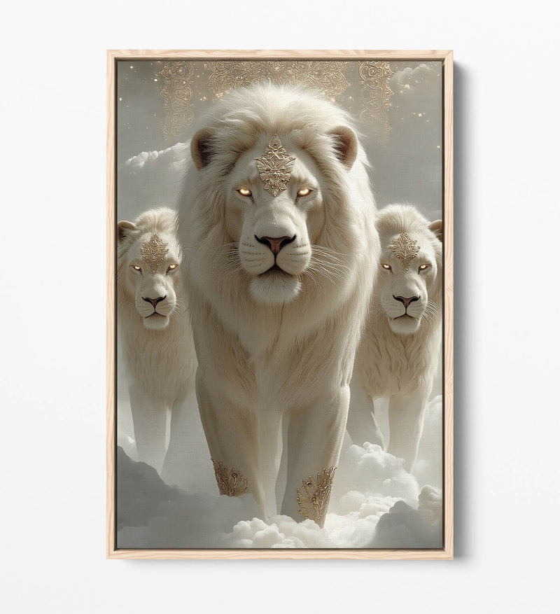 White Lions Canvas Art - Mystical Fantasy Wall Art With Float Effect Frame