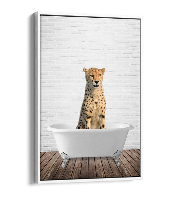CHEETAH IN BATHTUB -QUIRKY BATHROOM FLOAT EFFECT CANVAS WALL ART PIC PRINT