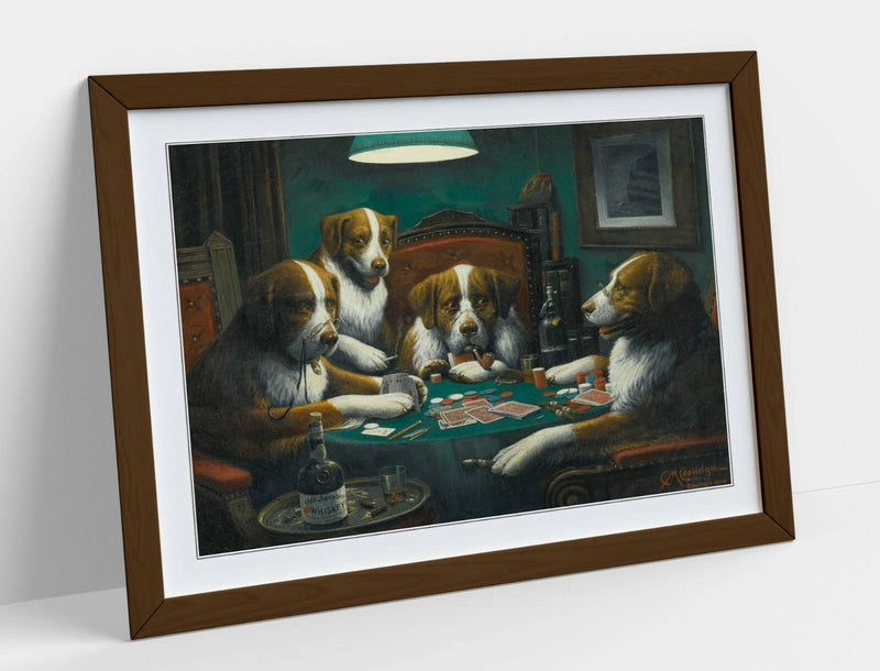 Dogs Playing Cards Art – Framed Poster Print With Wood Grain Frame & Matte Paper
