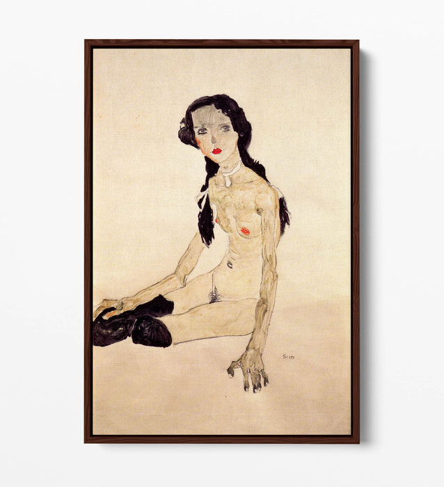 Canvas Wall Art Print - Egon Schiele Sitting Girl With Ponytail | Float Effect Canvas