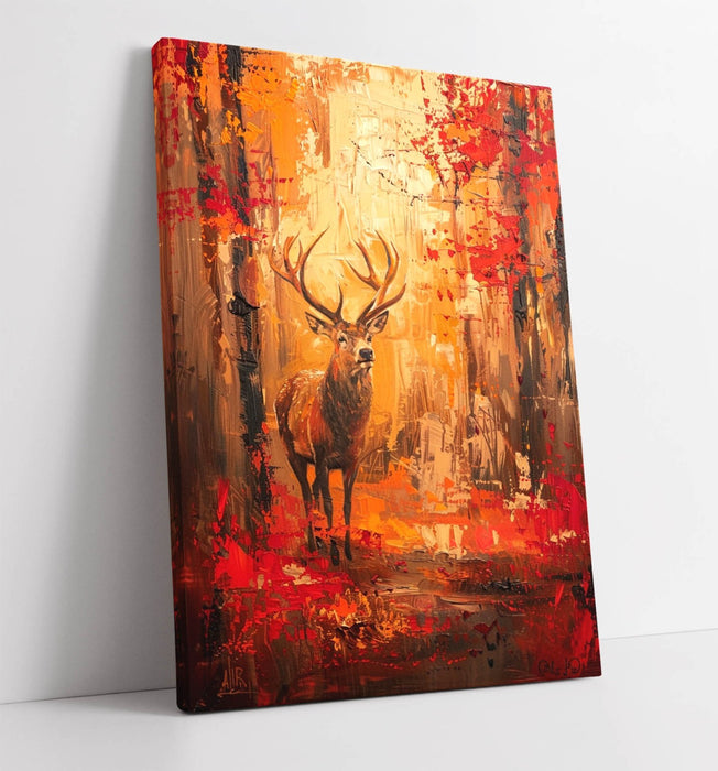 Canvas Wall Art - Deer In Forest Sunrise Orange Red Contemporary Print