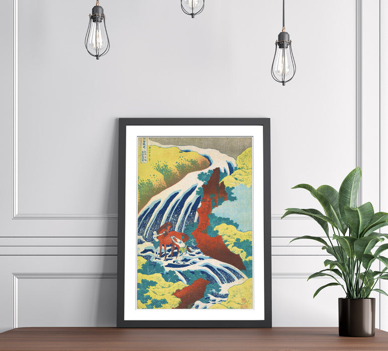 Framed Art Poster – Hokusai Japanese Waterfall Print with MDF Woodgrain Frame