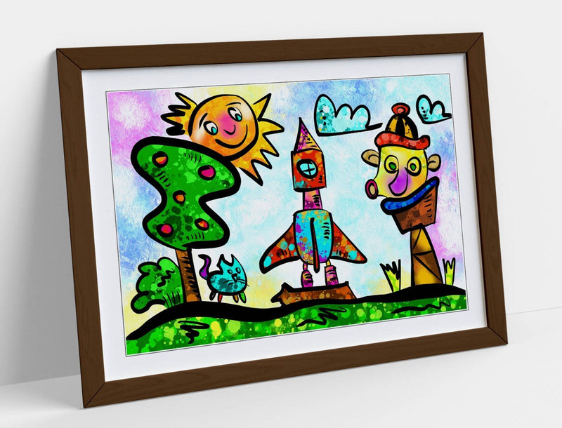 Kids Bedroom Art - Colorful Framed Poster Print With Wood Grain Frame