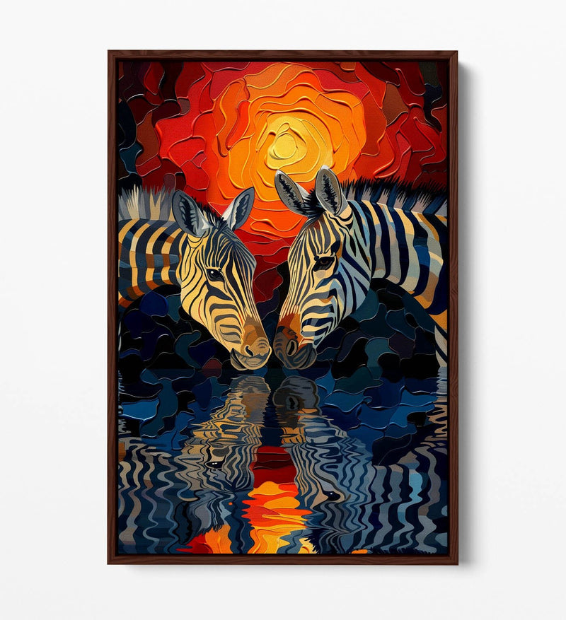 Canvas Wall Art Featuring Two Zebras | Handmade Float Effect Sunset Print