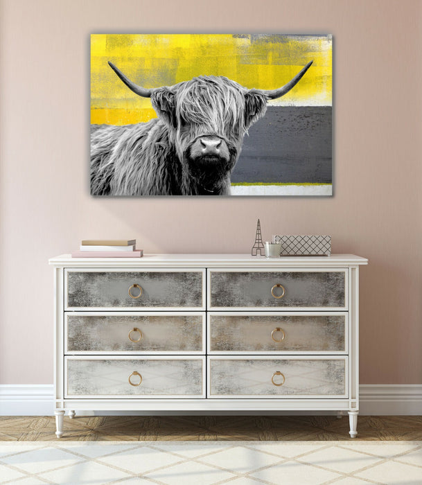 Highland Cow Canvas – Yellow Grey Abstract Animal Wall Art Print | Premium Canvas