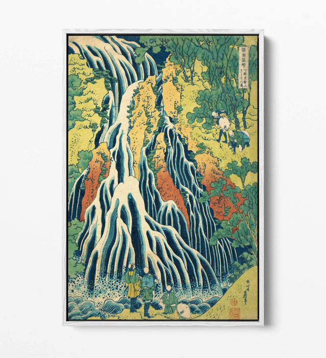 KIRIFURI WATERFALL HOKUSAI -FLOAT EFFECT CANVAS WALL ART PIC PRINT- BLUE YELLOW