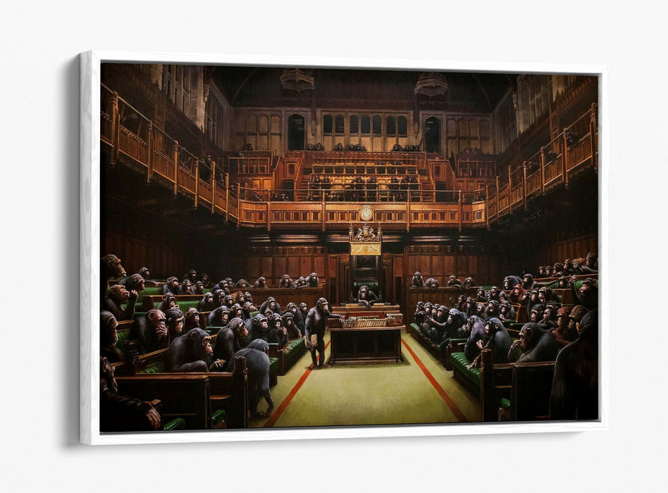 BANKSY, MONKEY PARLIAMENT BROWN SEPIA TONES -FLOAT EFFECT CANVAS WALL ART PRINT
