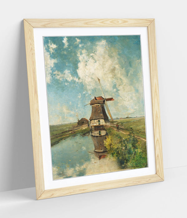 Framed Art Poster - Paul Gabriel Windmill On Polder Waterway, Matte Paper Print