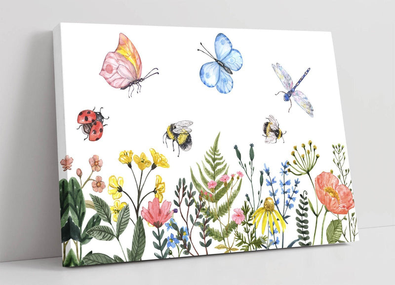 Summer Watercolour Canvas - Flowers & Insects Art | Vibrant Botanical Wall Print