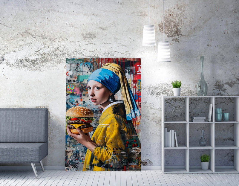Canvas Wall Art – Girl With A Pearl Earring Burger Graffiti Print On Archival Grade Canvas