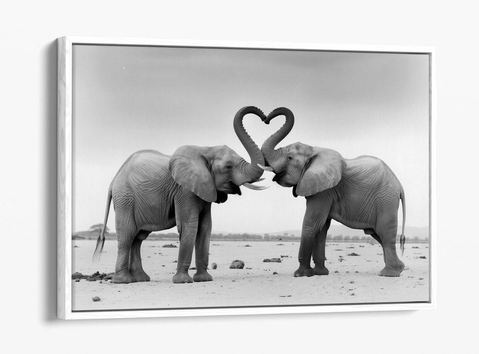 Canvas Wall Art - Black White Elephants Love Heart Float Effect Print