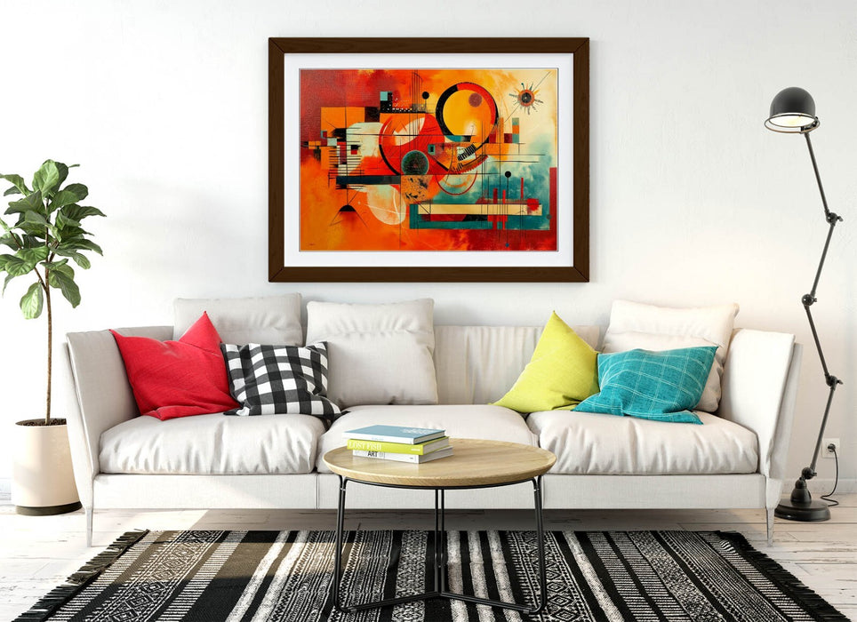 Framed Wall Art – Orange Blue Abstract Kandinsky Style Print | Matte Paper, Woodgrain Frame