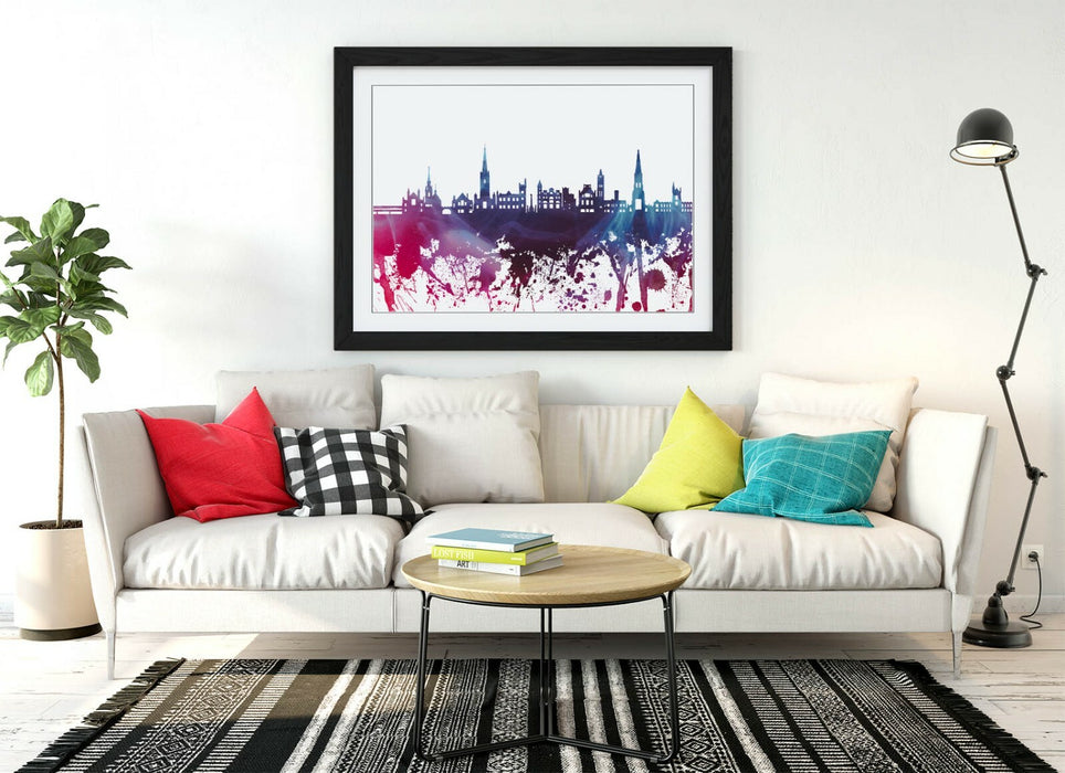 DERRY CITY SKYLINE PURPLE SPLASH ART -FRAMED WALL ART PICTURE PRINT POSTER