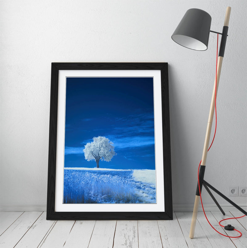 Framed Wall Art - Abstract White Tree Poster in Blue Landscape | Handmade Decor