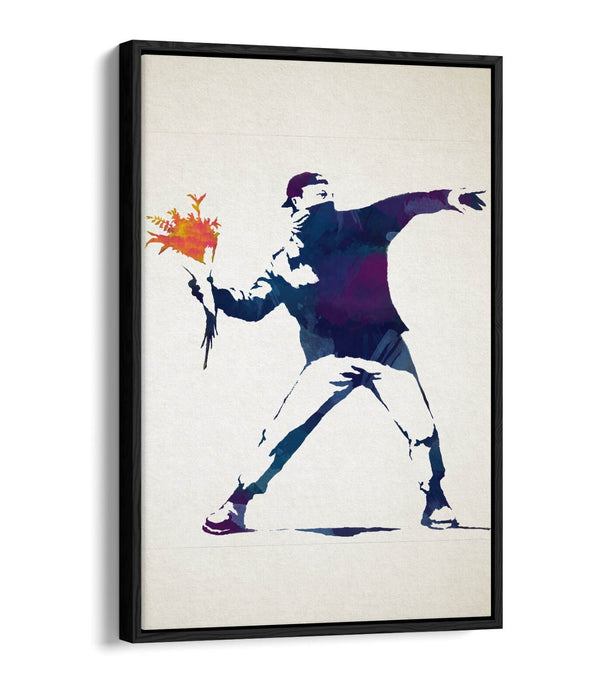 BANKSY, FLOWER THROWER WATERCOLOUR STYLE -FLOAT EFFECT CANVAS WALL ART PRINT