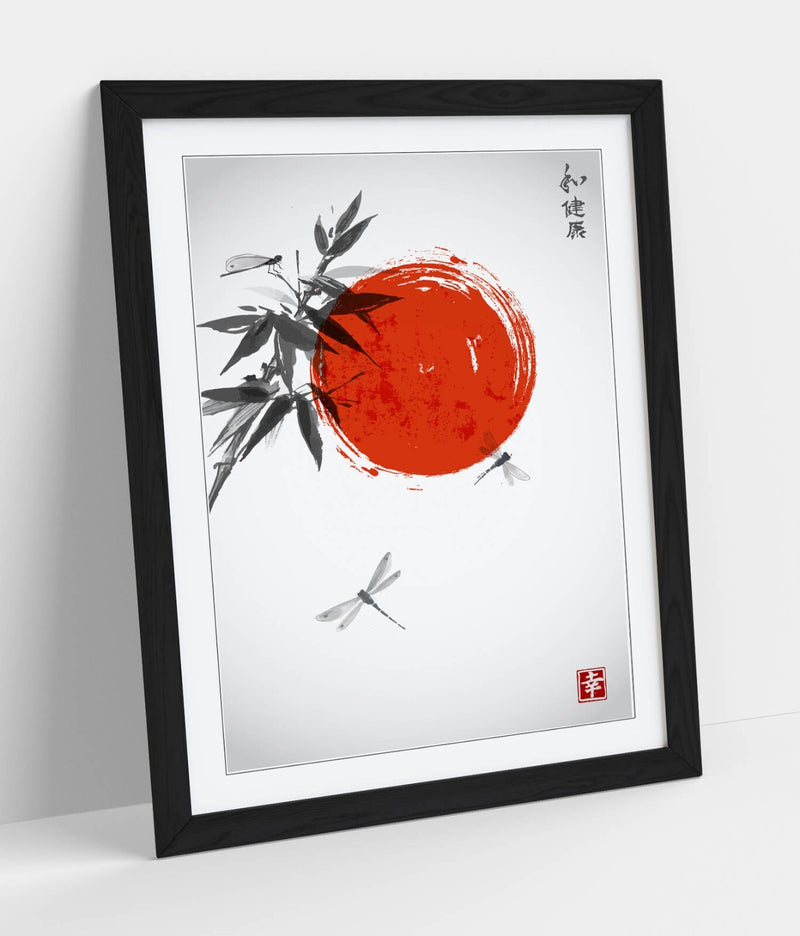 Japanese Style Wall Art - Bamboo Dragonflies Framed Poster Print | Handmade Matte Paper