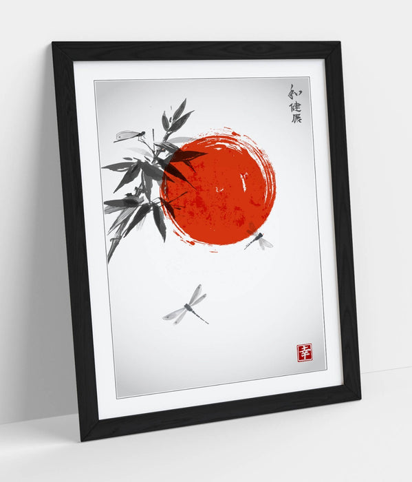 Japanese Style Wall Art - Bamboo Dragonflies Framed Poster Print | Handmade Matte Paper