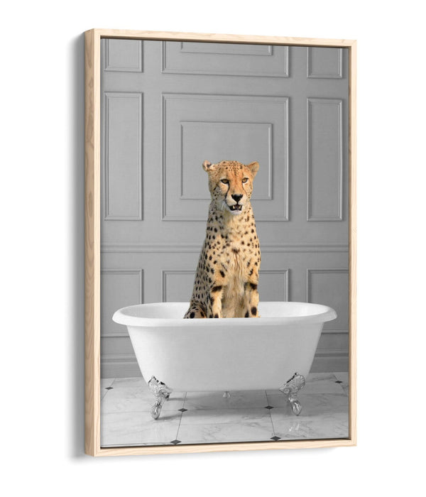 CHEETAH IN BATHTUB -QUIRKY BATHROOM FLOAT EFFECT CANVAS WALL ART PIC PRINT
