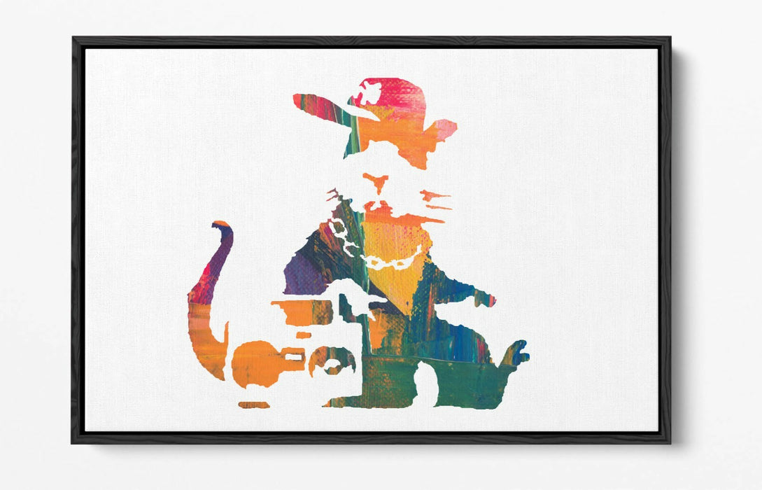 BANKSY, GANGSTA RAT RAINBOW PAINT EFFECT ART -FLOAT EFFECT CANVAS WALL ART PRINT