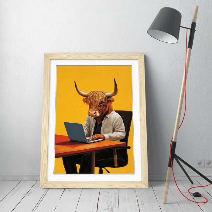 Highland Cow Wall Art – Framed Anthropomorphic Animal Poster Print With Woodgrain Frame