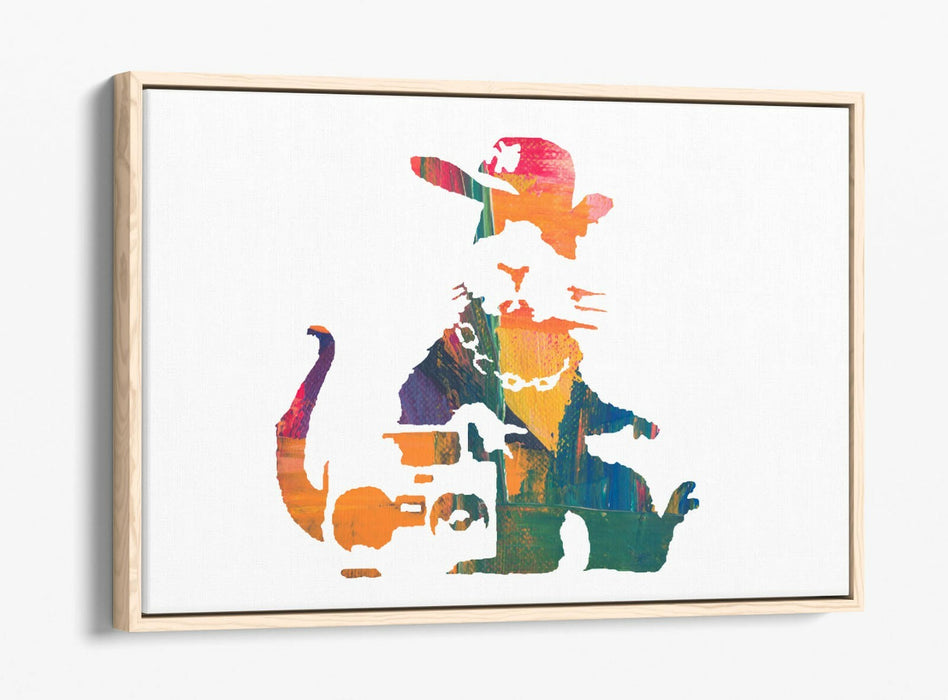 BANKSY, GANGSTA RAT RAINBOW PAINT EFFECT ART -FLOAT EFFECT CANVAS WALL ART PRINT