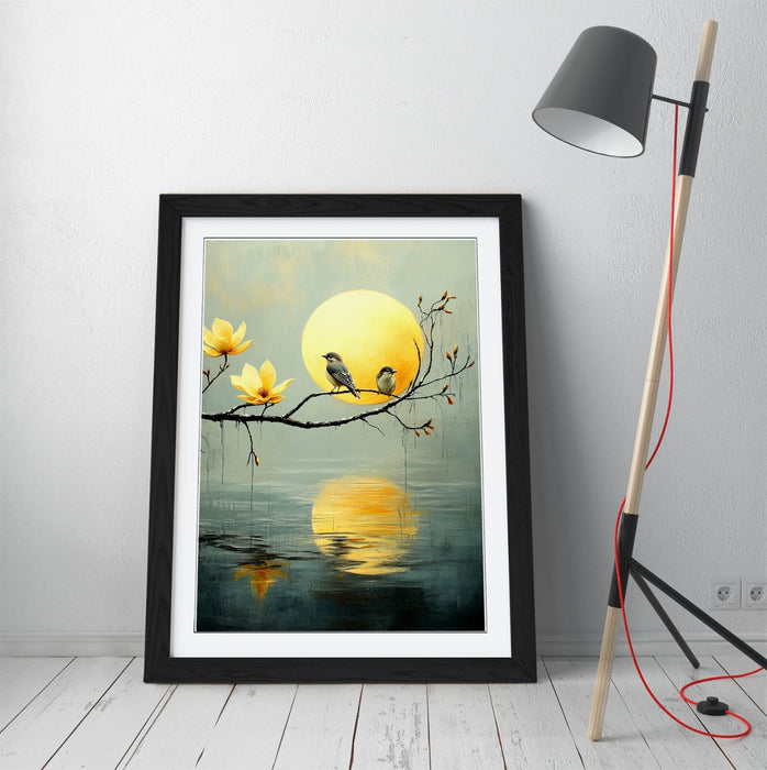 Framed Wall Art - Pretty Birds Perched on Tree Over Water Scene Artwork Print