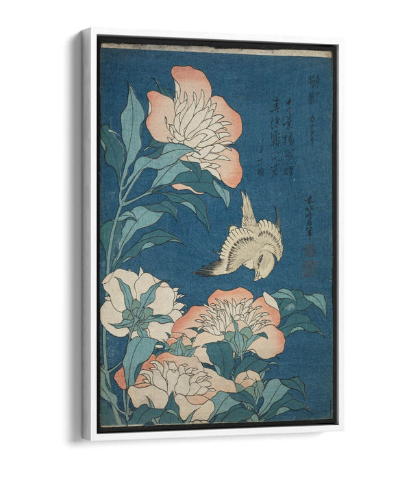 Canvas Wall Art - Hokusai Japanese Print With Peonies & Canary Float Frame