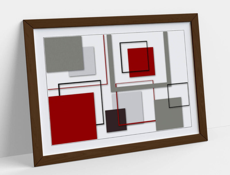 Abstract Bedroom Wall Art – Framed Art Print With Red Grey Artwork & Wood Grain Frame