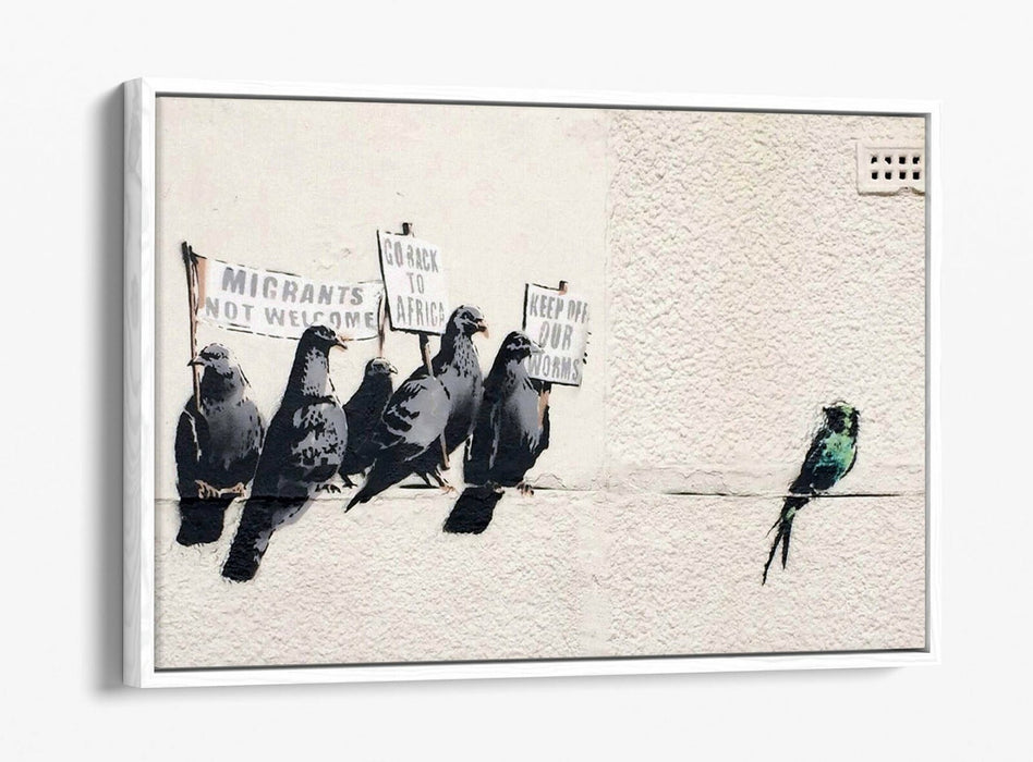 BANKSY RACIST PIGEONS -FLOAT EFFECT CANVAS WALL ART PIC PRINT- BEIGE GREEN WHITE